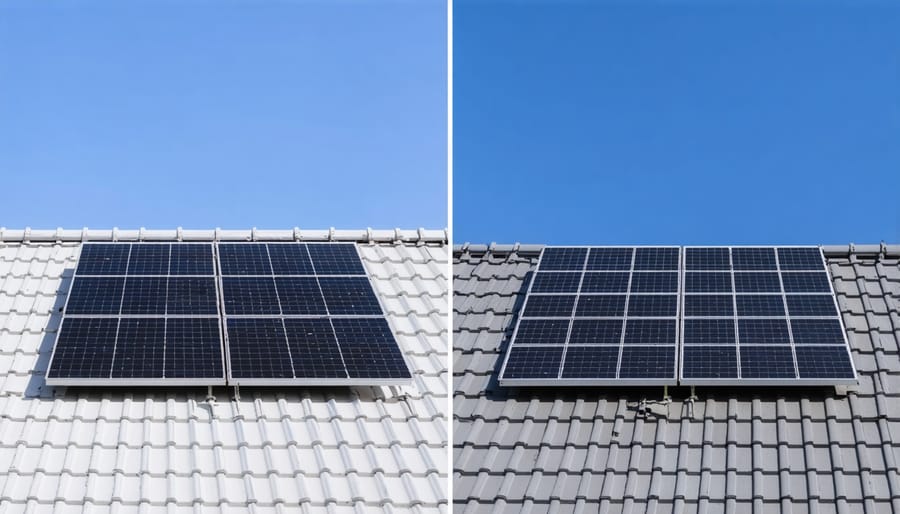 Comparison showing traditional solar panels next to new bifacial panels capturing reflected light
