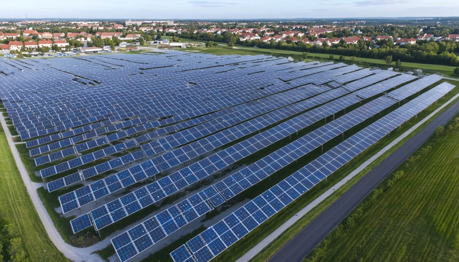 Birds-eye view of shared solar installation serving multiple homes in a community
