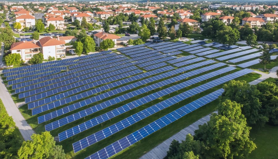 Large-scale solar panel installation serving local community with homes nearby