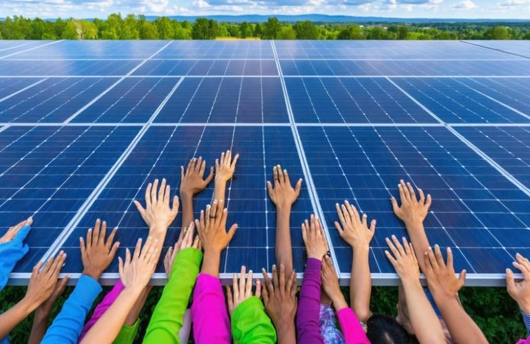 Conceptual illustration showcasing community solar panels empowering diverse households, represented by interconnected hands reaching out from the solar array against a vibrant neighborhood backdrop.