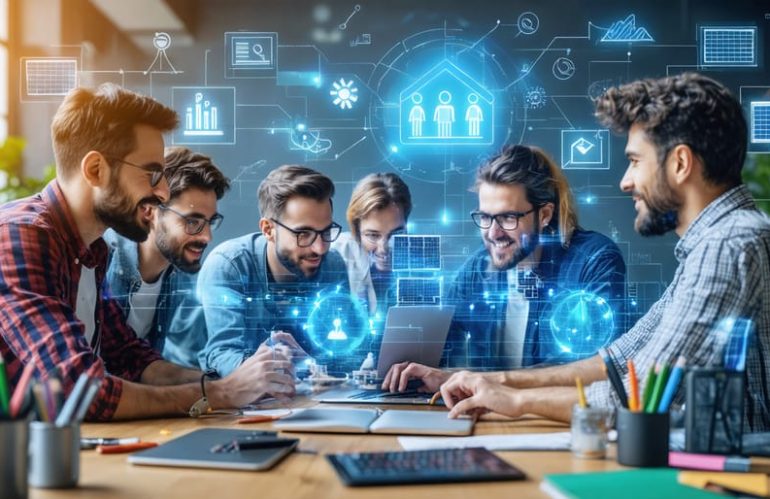 A diverse group of people engaging in an online forum dedicated to DIY solar projects, with solar panels and technical diagrams illustrating shared knowledge and community support.