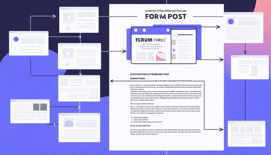 Visual guide demonstrating how to structure a forum question with example screenshots and tips
