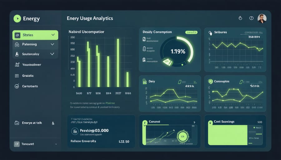 Interactive dashboard displaying household energy consumption graphs and financial savings analysis