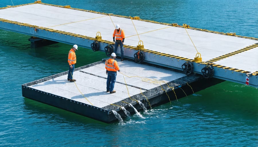 Workers assembling floating solar panel mounting platforms on water