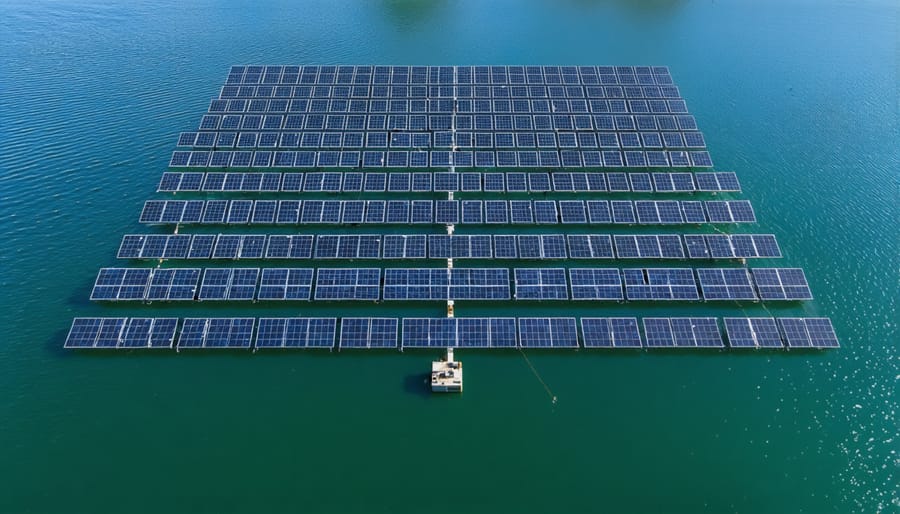 Bird's eye view of floating solar panels arranged in rows on a water body