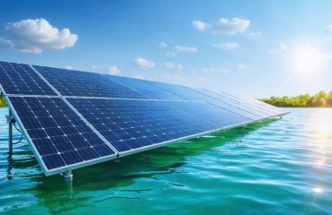 An artistic representation of floating solar panels installed on a calm water body, symbolizing the integration of clean solar energy technology with the natural environment.