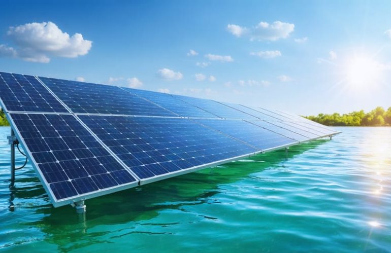 An artistic representation of floating solar panels installed on a calm water body, symbolizing the integration of clean solar energy technology with the natural environment.