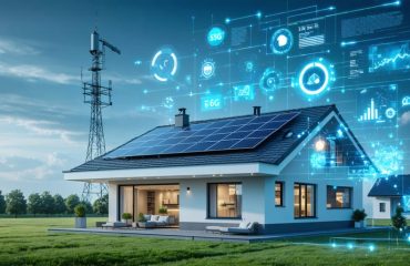 A modern home featuring rooftop solar panels and a nearby 5G tower, with a digital interface overlay showing real-time solar energy data and weather conditions, illustrating the integration of 5G edge computing technology for efficient energy management.