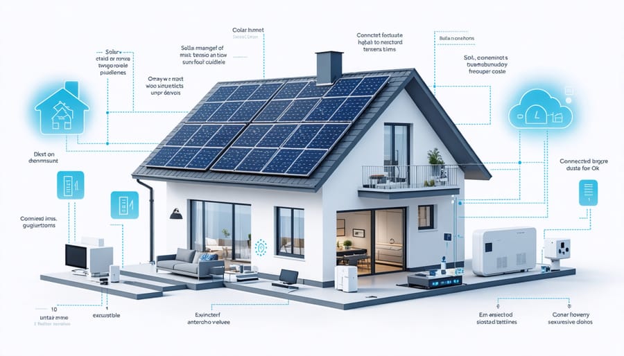 Illustrated diagram of integrated solar system components connected through centralized management platform