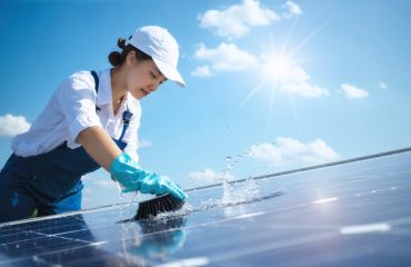 A person demonstrating safe and effective cleaning techniques on solar panels, using a soft brush and water against a bright, clear sky, illustrating solar panel maintenance.