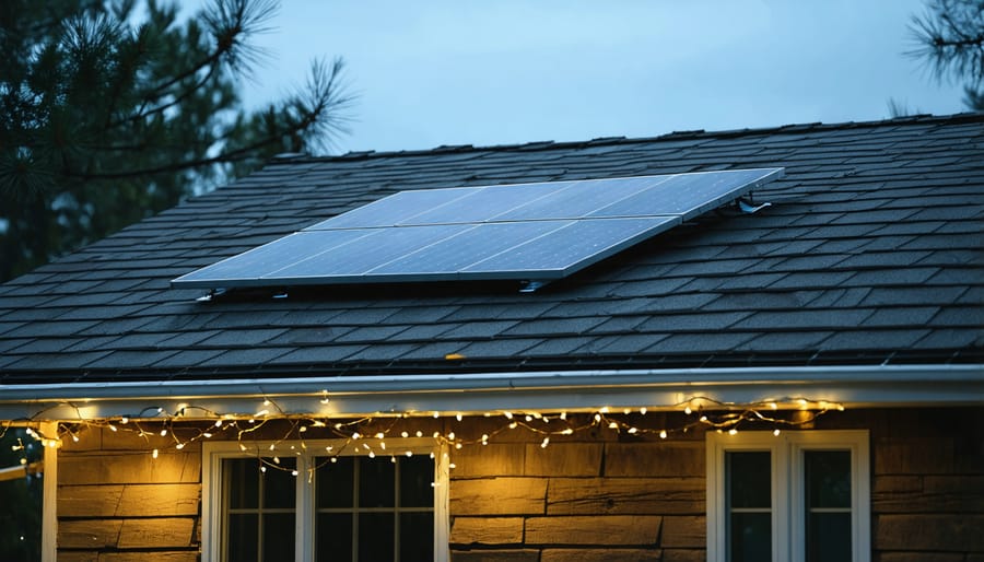 House decorated with solar Christmas lights showing proper solar panel placement