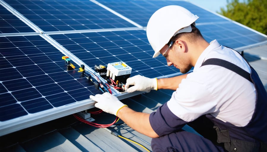 Professional electrician connecting solar panel wiring to home electrical system
