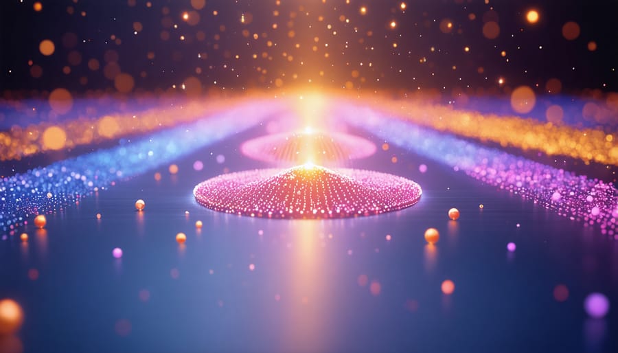 3D illustration of quantum dots converting sunlight into electricity at the nanoscale