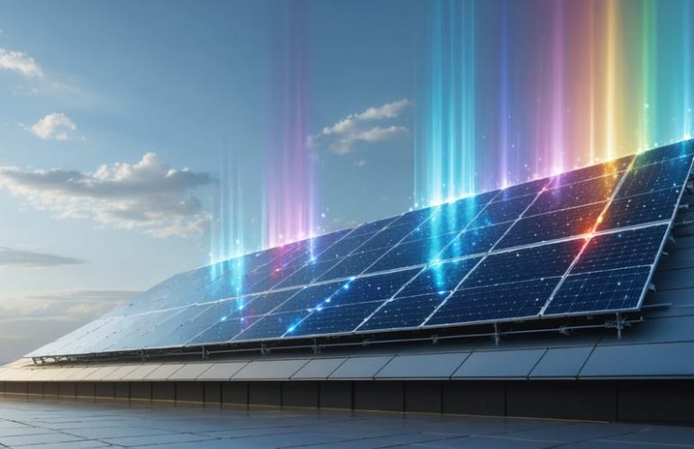 Modern home with quantum solar panel array on the roof, showcasing quantum dots absorbing sunlight, conveying cutting-edge solar technology and efficiency in diverse weather conditions.