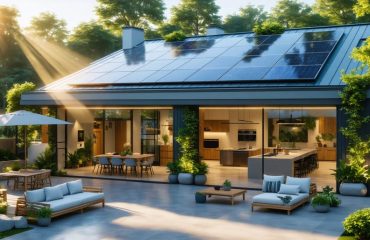 A modern home equipped with cutting-edge solar technologies, including solar roof tiles, transparent solar windows, and bifacial panels, demonstrating an eco-friendly and efficient energy solution.