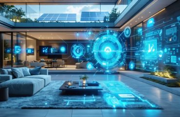 A futuristic smart home interior with a central control touchscreen displaying solar energy metrics and monitoring features, illustrating a seamless integration with solar panels visible through the window.