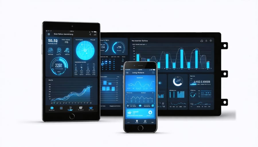Smart solar inverter mobile app interface showing energy production and consumption graphs