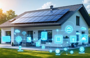 A modern home equipped with solar panels and an intelligent control panel interface showcasing the efficient energy flow among solar panels, battery storage, and smart home devices, symbolizing smart energy management.