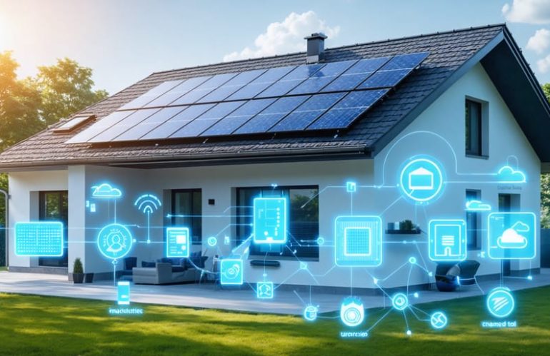 A modern home equipped with solar panels and an intelligent control panel interface showcasing the efficient energy flow among solar panels, battery storage, and smart home devices, symbolizing smart energy management.
