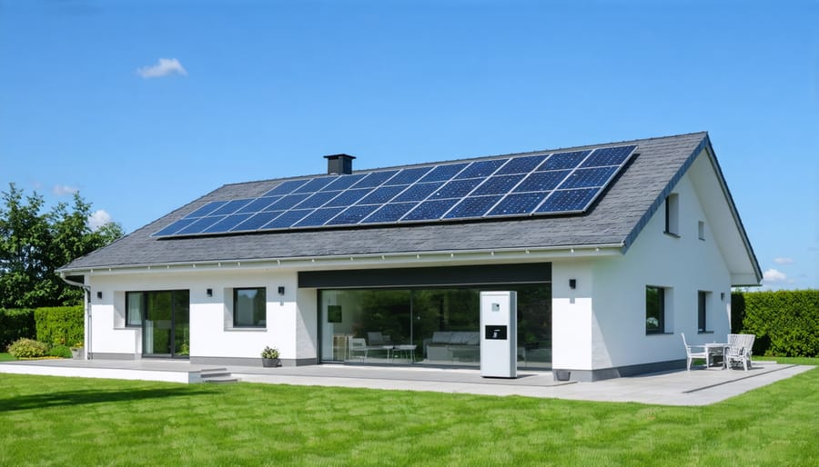 Contemporary house featuring solar panel installation with digital monitoring system