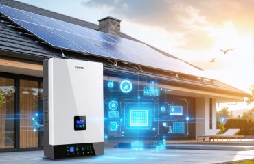 A smart solar inverter system connected to a home's solar panels with a smartphone displaying energy production and consumption monitoring.