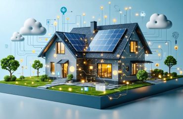 Conceptual representation of a home with solar panels connected to a futuristic IoT network, symbolizing smart energy management and innovative solar technology.