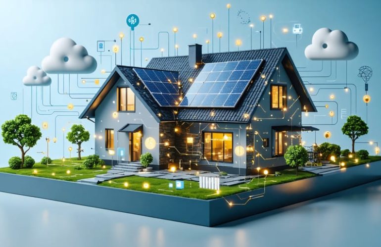 Conceptual representation of a home with solar panels connected to a futuristic IoT network, symbolizing smart energy management and innovative solar technology.
