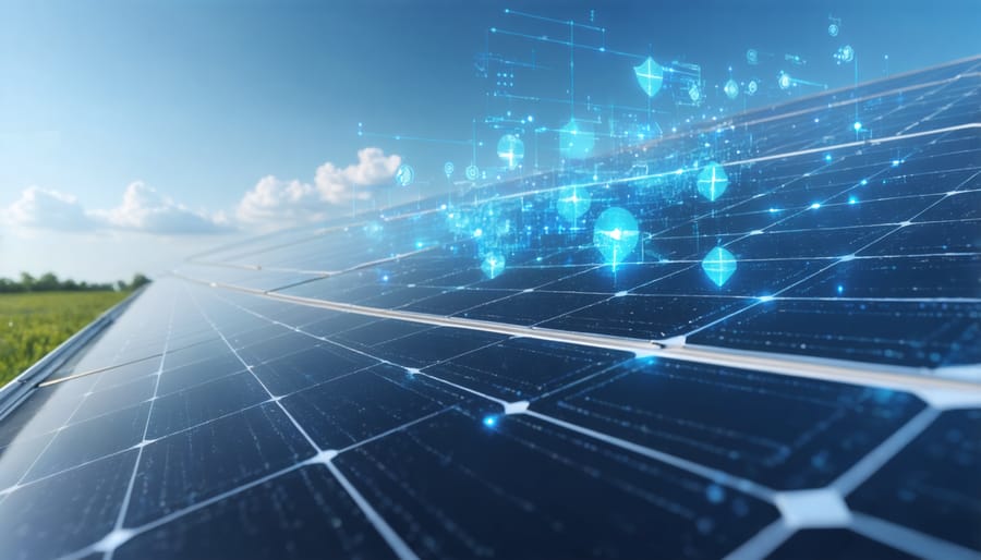 Rooftop solar installation with integrated IoT sensors adjusting to weather conditions