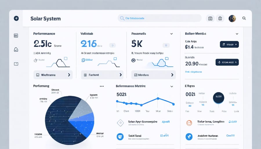Solar monitoring app interface displaying energy production graphs, battery status, and system health indicators