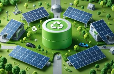 "Illustration of a circular economy concept with a large eco-friendly battery surrounded by solar panels, electric vehicles, and recycling symbols, representing sustainable practices in modern battery recycling."