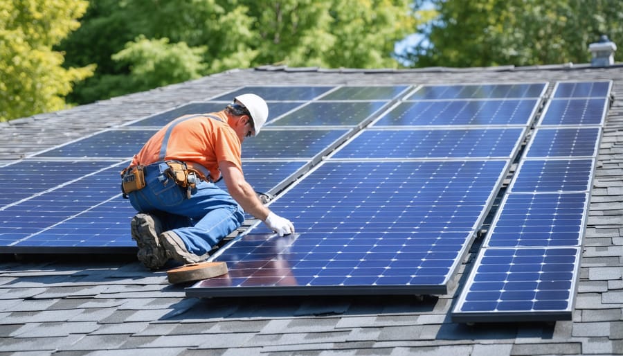 Installation technician securing solar thermal collectors to a sunny residential rooftop