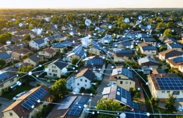 Aerial view of suburban homes equipped with solar panels, interconnected by digital lines to represent a collaborative solar energy network in the community.