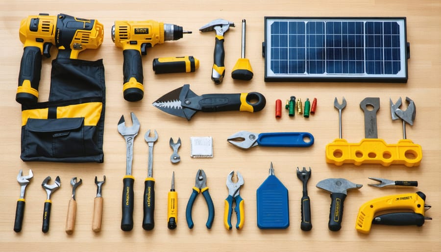 Organized display of solar conversion tools including wire cutters, solar panels, batteries, and connectors