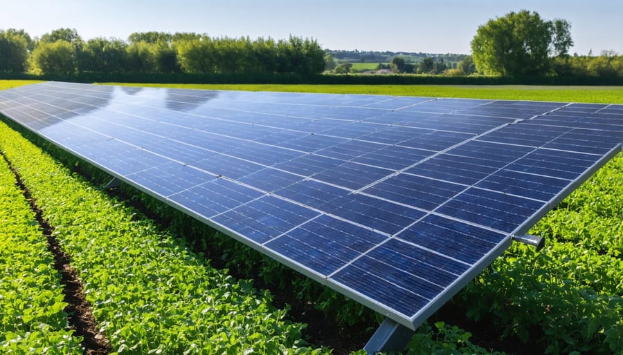 Large solar panel array next to cultivated farmland with visible irrigation equipment