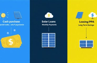 Conceptual illustration comparing solar financing options with sections on cash purchases, loans, and lease structures, highlighted by dollar signs and charts depicting financial benefits and payment dynamics.
