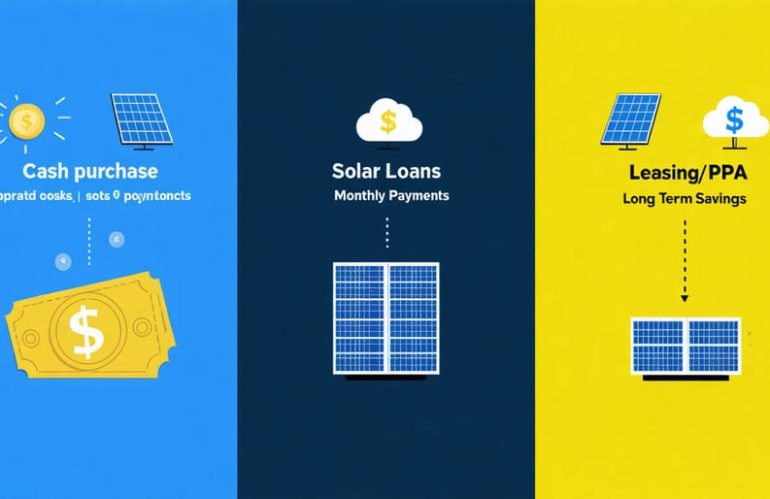 Conceptual illustration comparing solar financing options with sections on cash purchases, loans, and lease structures, highlighted by dollar signs and charts depicting financial benefits and payment dynamics.