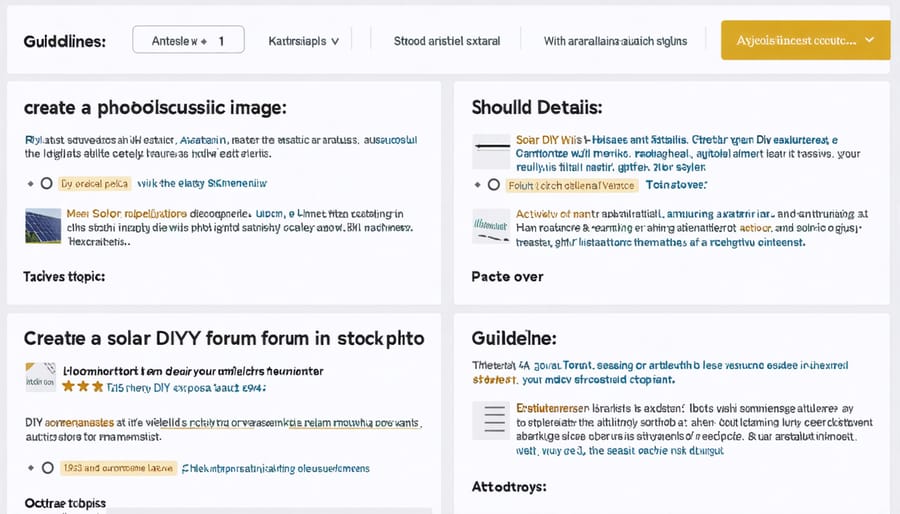 User interface of a solar DIY forum with topic categories, search bar, and recent discussions
