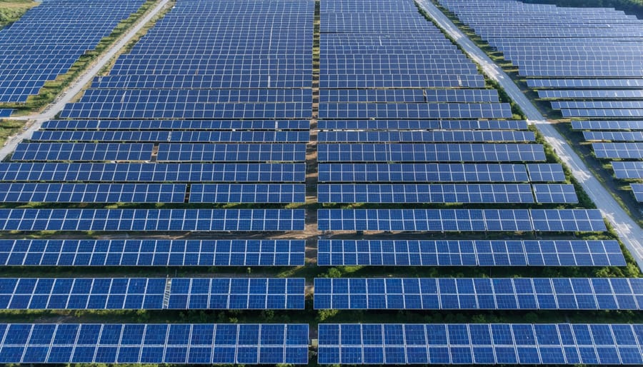 Modern solar panel array with grid infrastructure and transmission towers in the background