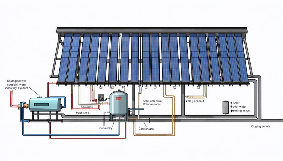 Cross-sectional diagram of solar water heating system showing collectors, storage tank, and circulation system