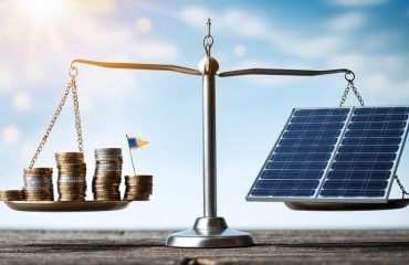 Conceptual illustration of a balance scale with coins and solar panels, representing the financial impact of state and federal solar incentives on commercial installations.