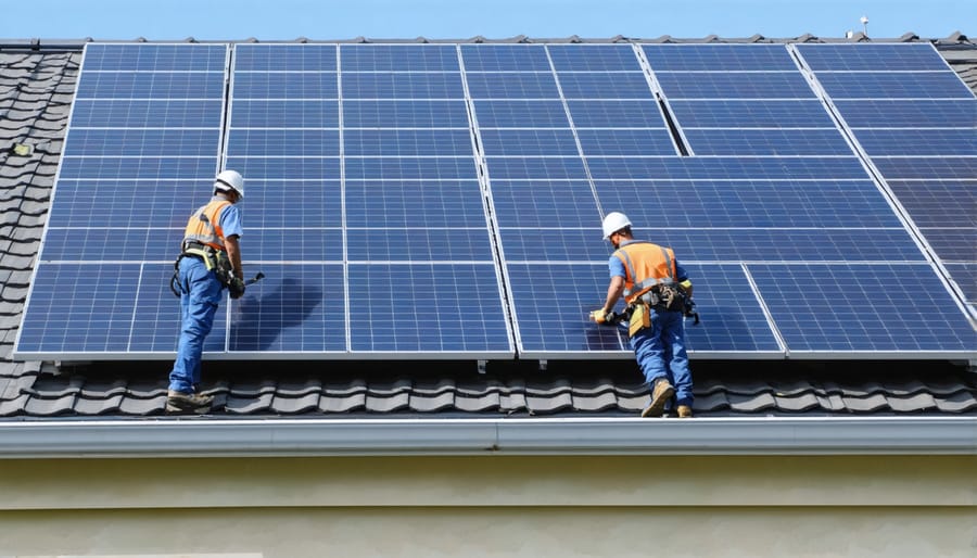 Professional solar installers mounting panels on a residential roof