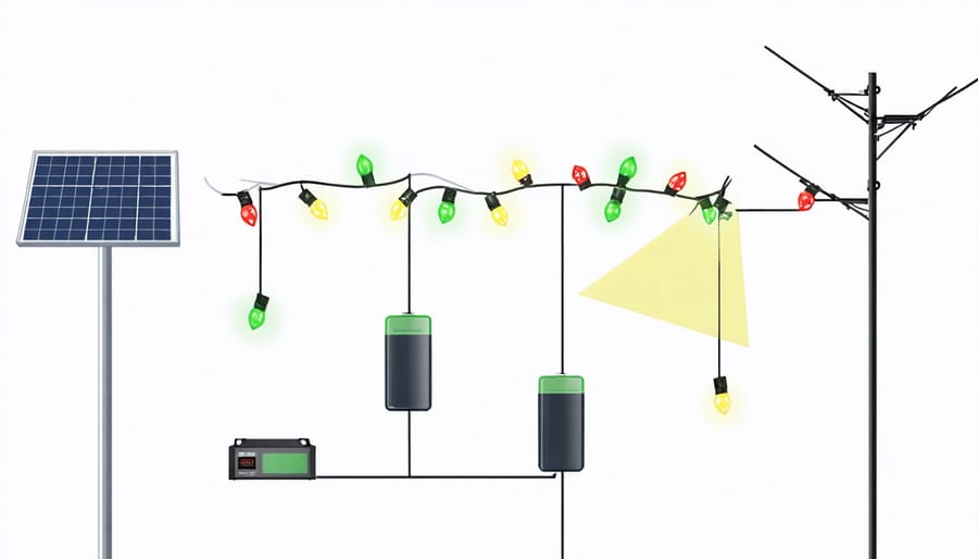 Technical diagram illustrating solar Christmas light components and their connections