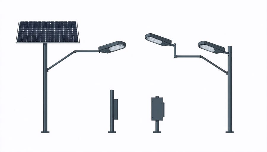 Detailed component breakdown of a solar street light system showing all major parts