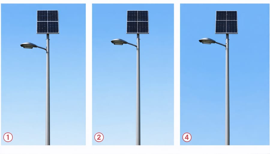 Installation sequence showing foundation preparation, pole mounting, and solar panel attachment