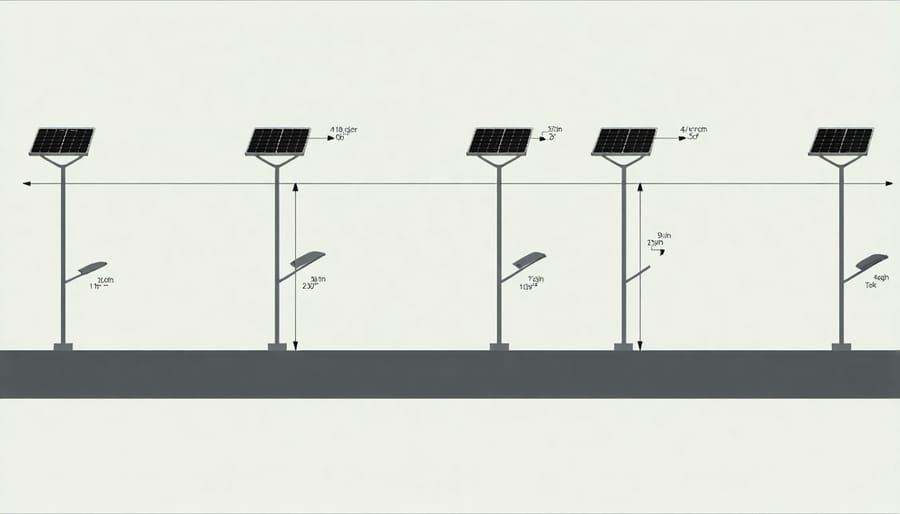 Technical diagram illustrating proper spacing and positioning of solar street lights along an urban road