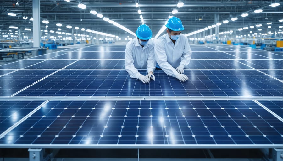 Manufacturing facility workers assembling solar panels on production line