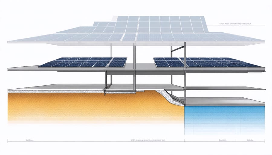 Technical illustration of solar metal roofing layers including metal panels, photovoltaic elements, and insulation