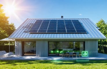 Modern home with a sleek solar metal roof under bright sunlight, showcasing the integration of solar technology and metal roofing, surrounded by lush, eco-friendly greenery.