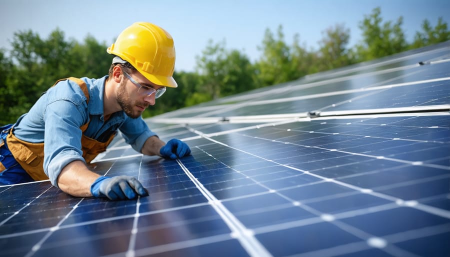 Team of local workers installing solar panels for a village micro-grid project