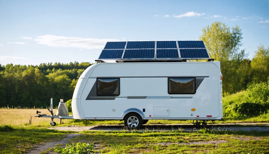 Solar-equipped RV parked near a mountain lake with multiple roof-mounted solar panels